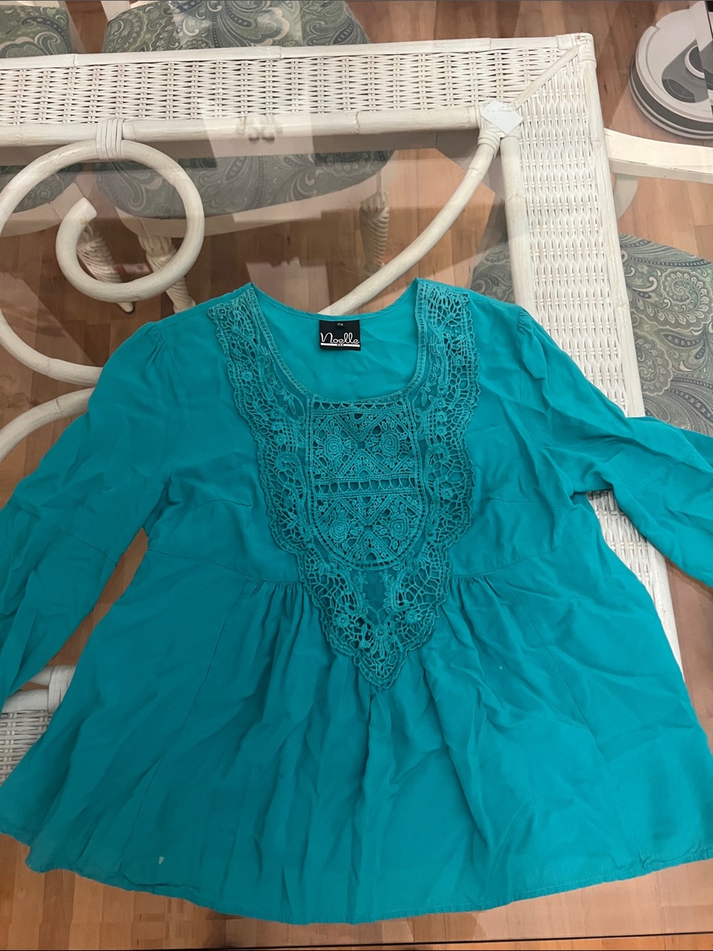 Noelle Teal Crochet-Front Peasant Blouse